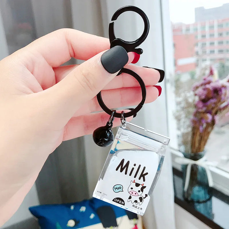 Custom Acrylic Cow Milk Drinks Acrylic Keychain Moving Liquid Key Rings Personality Cartoon Milk Box Key Chain