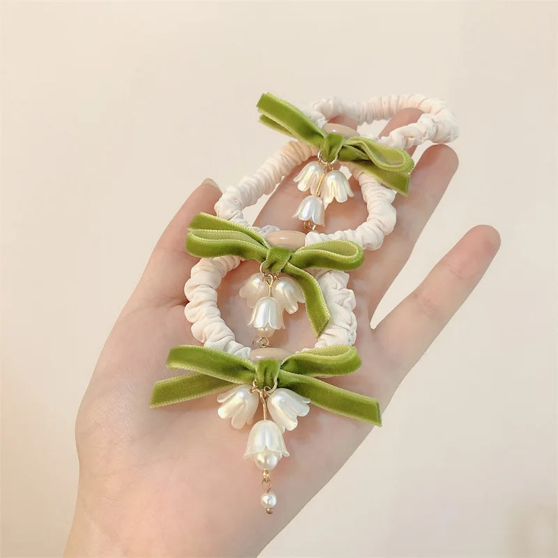 IVANHOE 2022 New Korea Style Simple Girl Hair Tie Cute Summer Green Flowers Fabric Bow Tie Hair Ropes for Women Hair Accessories