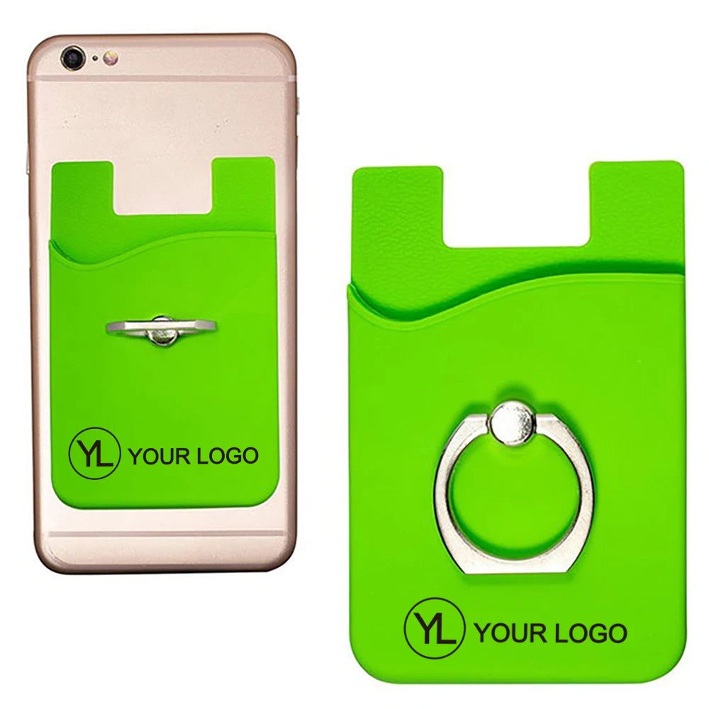 Custom Logo Silicone Phone Wallet Adhesive Card Sleeve Holder with Ring Stand for Business Giveaways