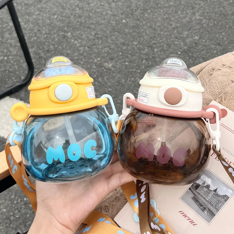 800ml Kawaii Water Bottle with Straw Shoulder Strap Cute Pink Design for Adults Women Teens School Students for Outdoor Tours