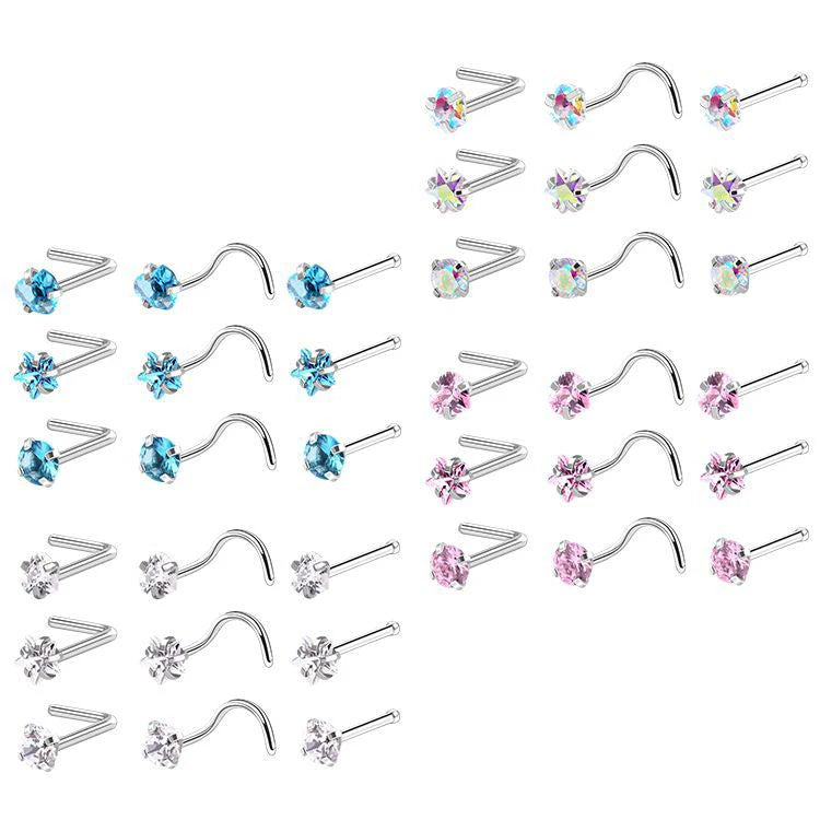 HOVANCI Gold Nose Ring Nose Stud 5 L Shape Screw Surgical Stainless Steel Flower Star Studs Nose Piercings Set