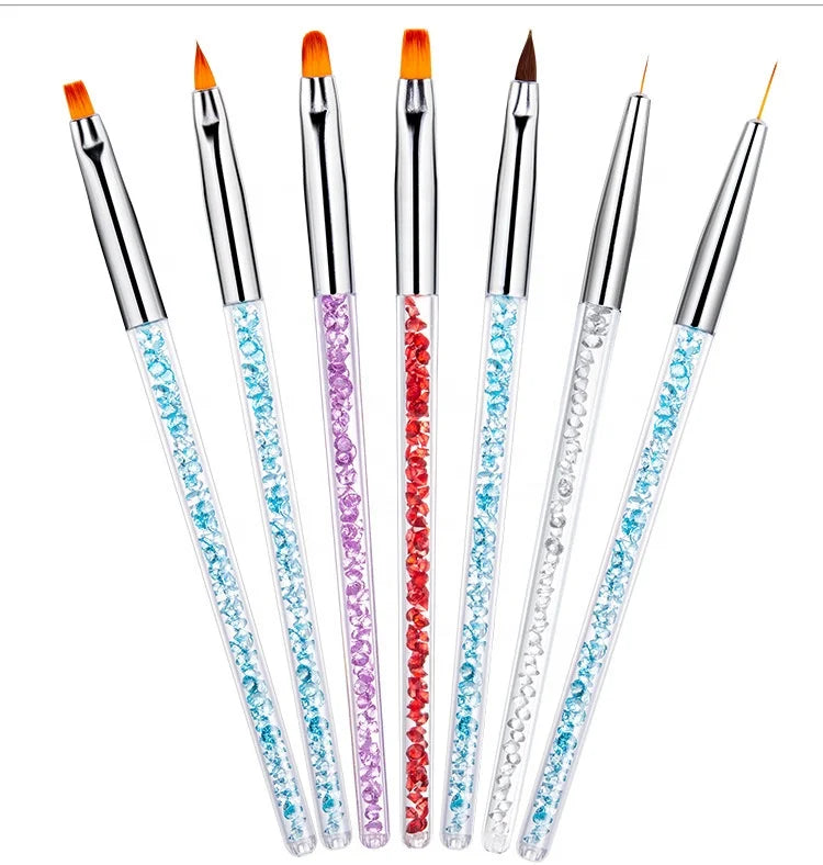 7-Piece Private Label Acrylic Nail Gel Polish Painting Design Crystal Handle Gel Brush for Flat 3D Shape Manicure Salon