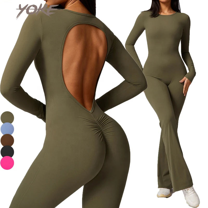 YOKE Women's Solid Color Flared Workout Gym Playsuits Plus Size Active Wear One Piece Yoga Jumpsuits for Adults-Wholesale