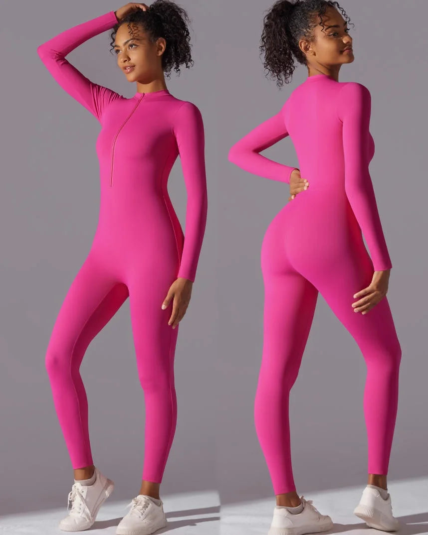 Long Sleeves Half-Zip Long Gym Fitness Bodysuit Shapewear Four-Way Stretch Active Wear Yoga Jumpsuit for Women