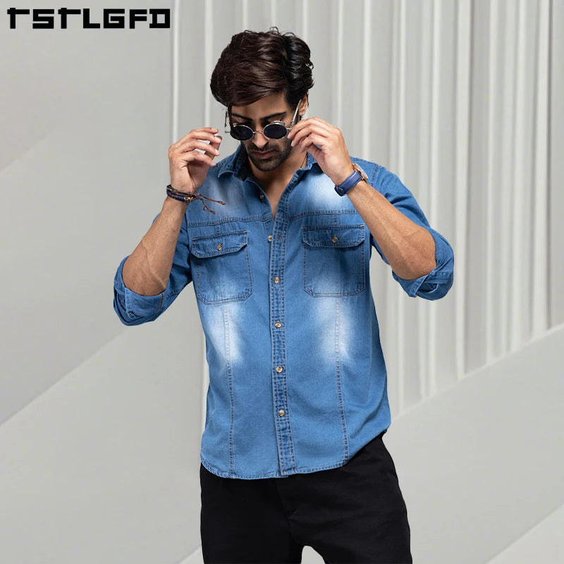 Custom Men's Blue Sky Regular Fit Men's Denim Shirt Vintage Washed Effect Button up Double Chest Pockets Casual Men's Shirt