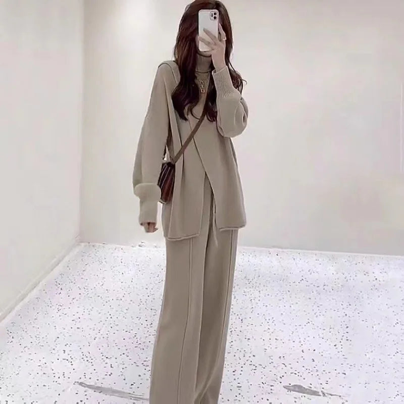 S-XL Ladies Wide Leg Long Pants 2 Piece Set Casual Plain Turtleneck Sweaters Sets Women's Korean Knitted Two Piece Sets