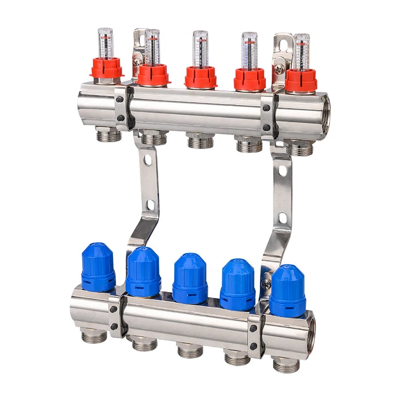 HANDING H2002 Series Modern Apartment 2-5 Ways Nickel Plated Hydronic Floor Heating Brass Manifold Flow Meter for System