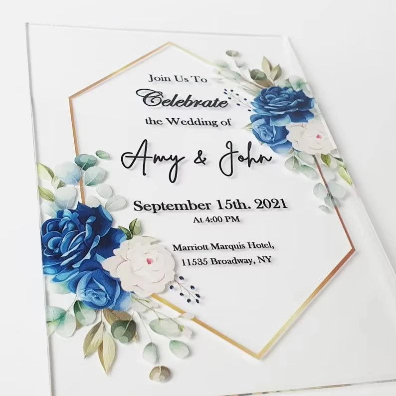 Luxury Wedding Invitations Acrylic Blue Flora Rose Cadeau Mariage Invit for Sweet Sixteen Faire Part Mariage Invitation