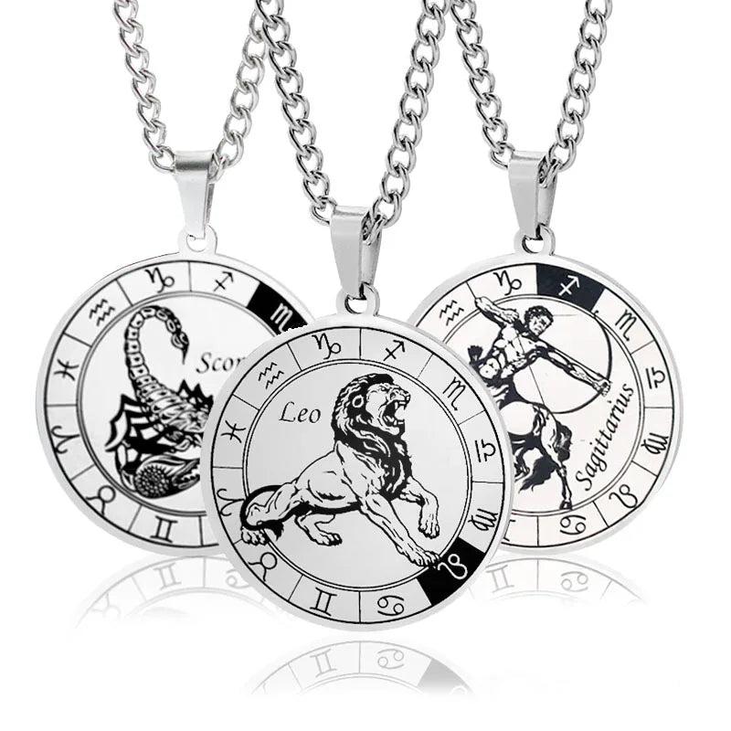 12 Constellations Series Stainless Steel Pendant Twelve Constellations Men's Keychain Necklace Pendant Ornament Accessories