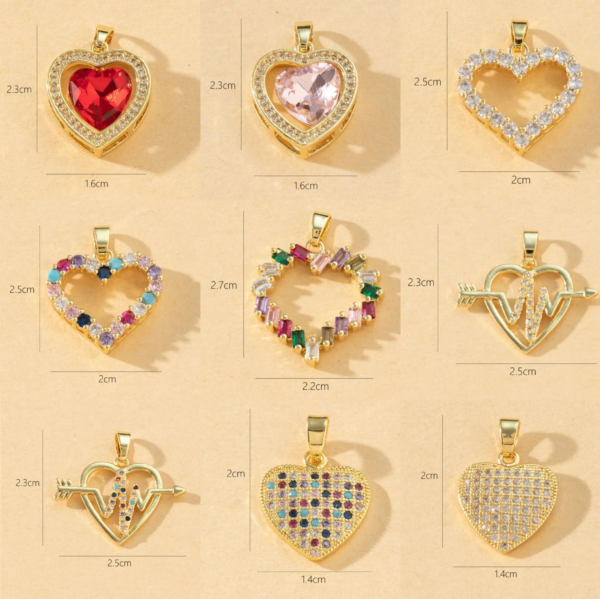 Diy Punk Jewelry Copper Gold Plated Colored Zirconia Accessories Multi-Style Geometric Heart Necklace Pendant for Jewelry Making