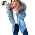 Liu Ming Fashion 2025 Winter Women New Casual Outerwear Fur Collar Denim Coat Thick Warm Plus Size 5XL Hooded Jackets