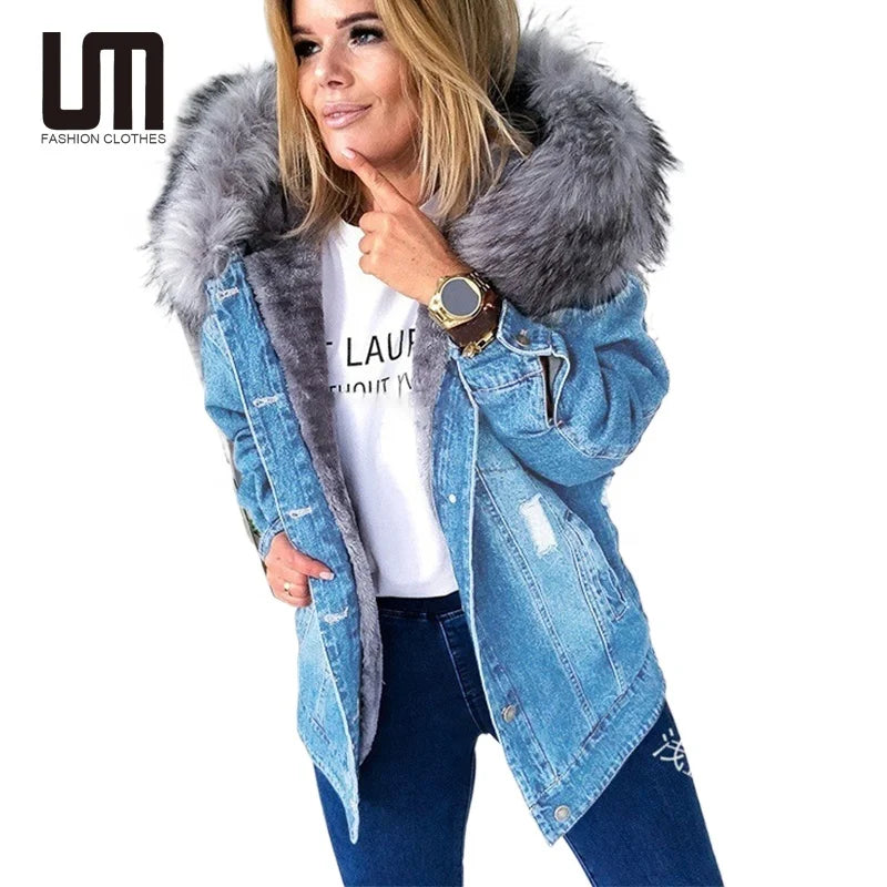 Liu Ming Fashion 2025 Winter Women New Casual Outerwear Fur Collar Denim Coat Thick Warm Plus Size 5XL Hooded Jackets