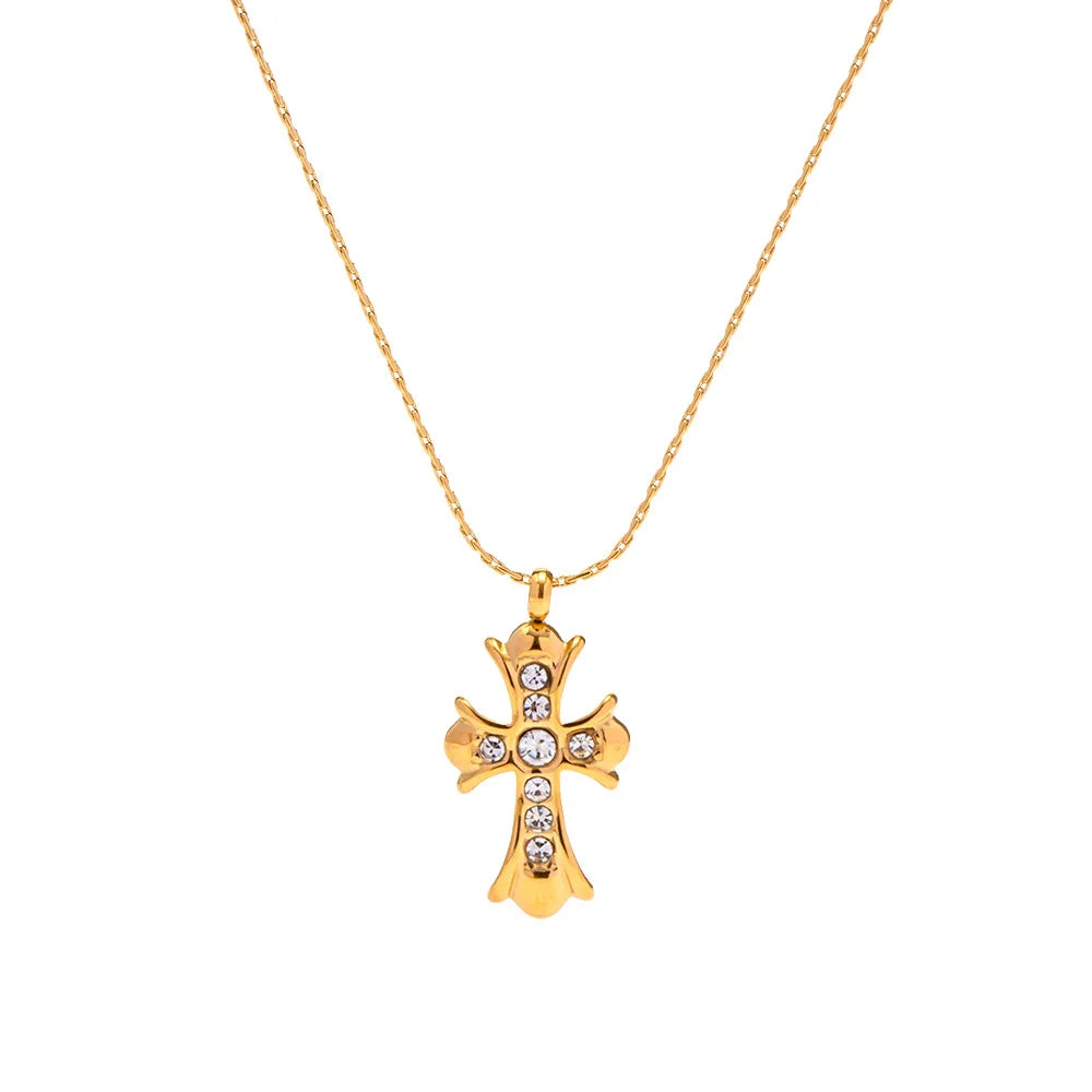 New Vintage Christian Jewelry Popular Zircon Cross Pendant Necklace for Women Tarnish Free Gold Plated Stainless Steel Pendant