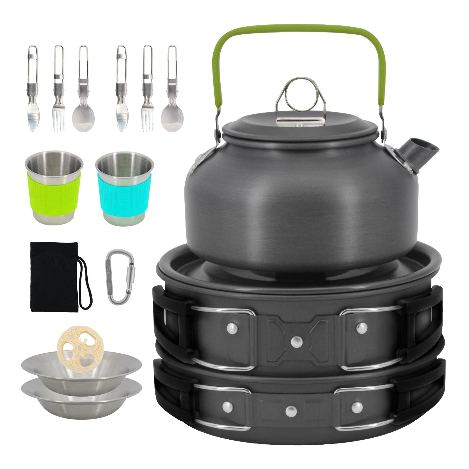 16-in-1 Camping Cookware Set Nesting Non-stick Pots Pans Stainless Steel Cups Plates Forks Knives Accessories Outdoor Cooking