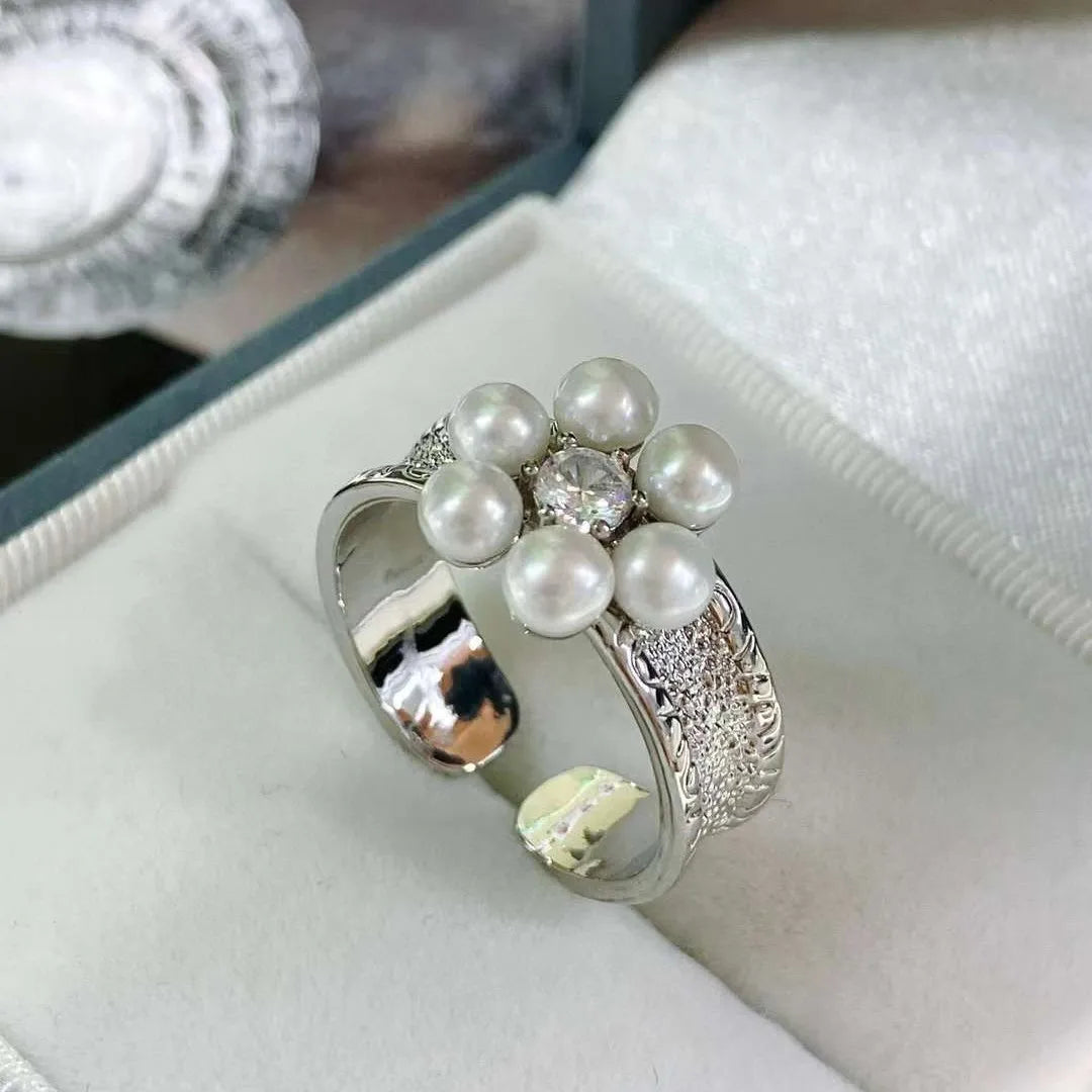 Natural Pearl Flower Shaped Ring with 4mm Opening Design Unlimited Finger Circumference Ring for Girls