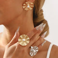 New Metal Large Pearl Flower Stud Earrings Ring Set Women Girls Women Wedding Jewelry