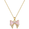 Sweet Dainty 18K Gold Plated Stainless Steel Bow Pendant Necklace Diamond Pink Bow Necklace