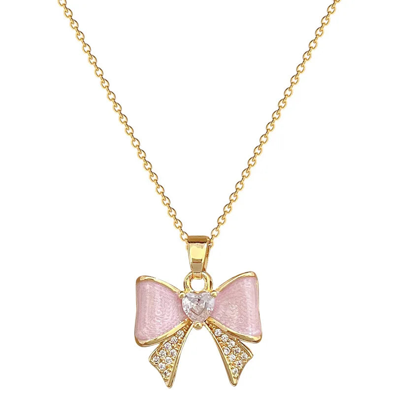 Sweet Dainty 18K Gold Plated Stainless Steel Bow Pendant Necklace Diamond Pink Bow Necklace