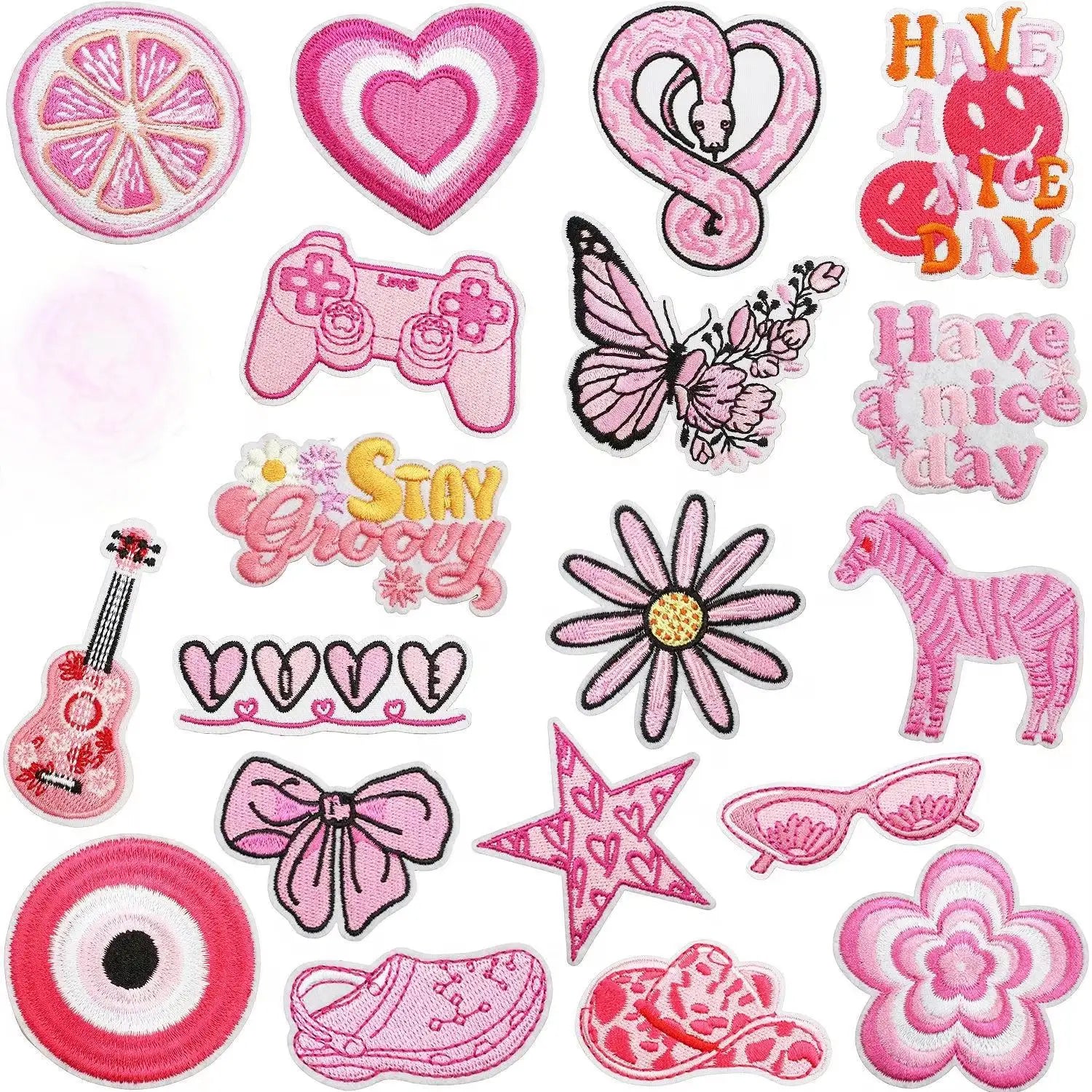 Iron on Embroidered Eco-Friendly PVC Fabric pink Snake Flower butterfly Lemon Star Cross Patch for Kid's Clothes Hat Bag