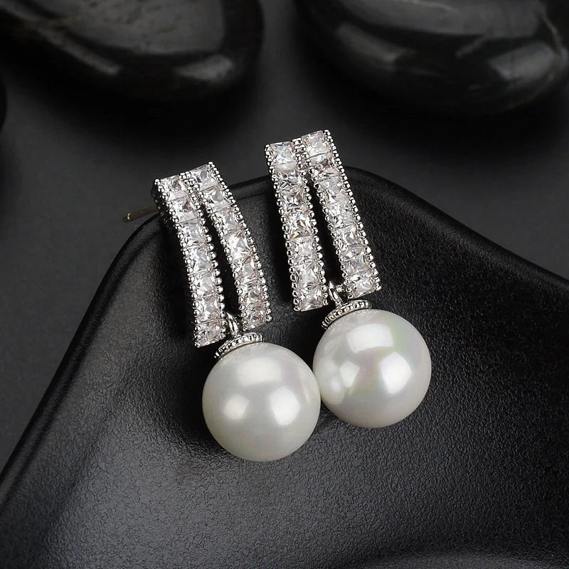 Factory Direct Sale Trendy Geometric Huggie Earrings with Cubic Zirconia 925 Sterling Silver & Shell Pearl-Wedding Gift