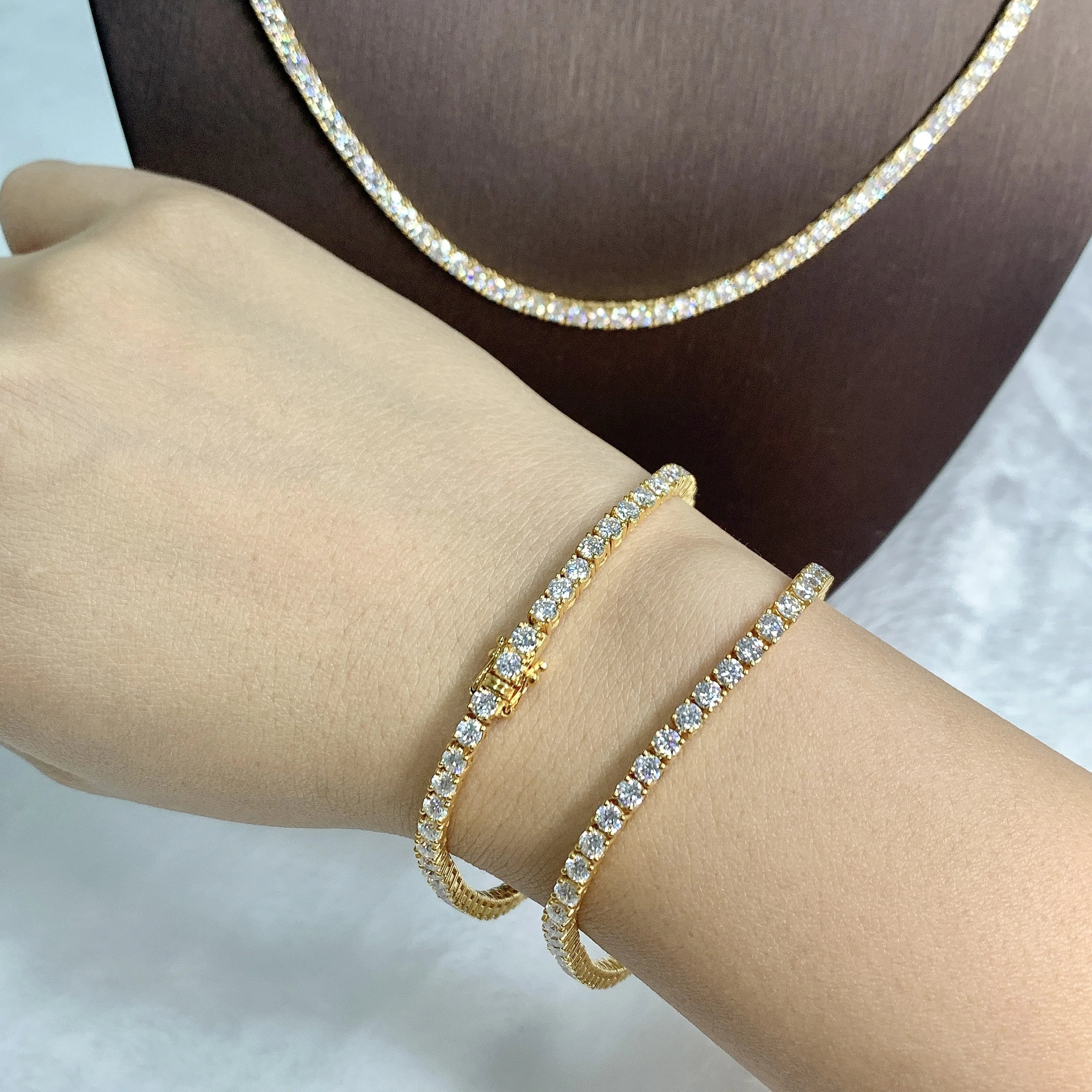 Cadermay Iced Out Moissanite Diamond Tennis Bracelets Yellow Gold Plated Silver925 3mm Round Moissanite Hiphop Bracelet Chains