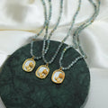 Fashion Zircon Rose Relief Elliptical Pendant Natural Stone Beaded Necklace Personalized Versatile Stainless Steel Jewelry