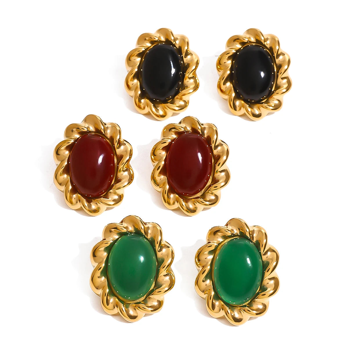 J&D 18k Gold Stainless Steel Vintage Black Red Green Agate Spiral Outline Earrings Classic Timeless Elegance