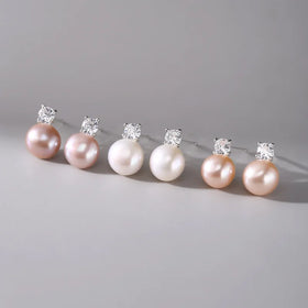 Pink Purple White Natural Pearl Earrings 925 Sterling Silver clear Cz Earrings for Women