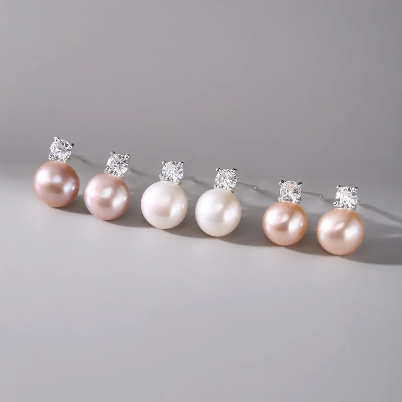 Pink Purple White Natural Pearl Earrings 925 Sterling Silver clear Cz Earrings for Women