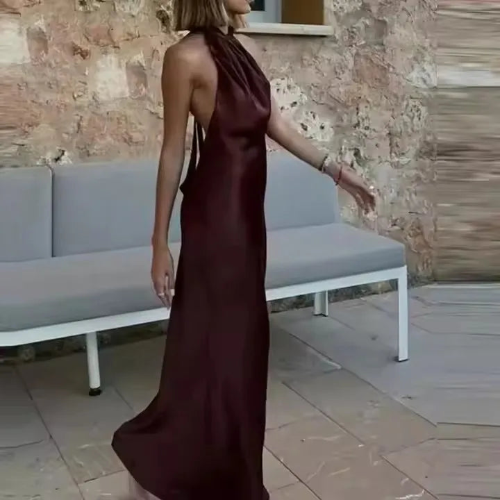 Pleated Evening Summer Off Shoulder Party Dresses Women Tied Backless Brown Midi Dress Halter Satin Long Dress