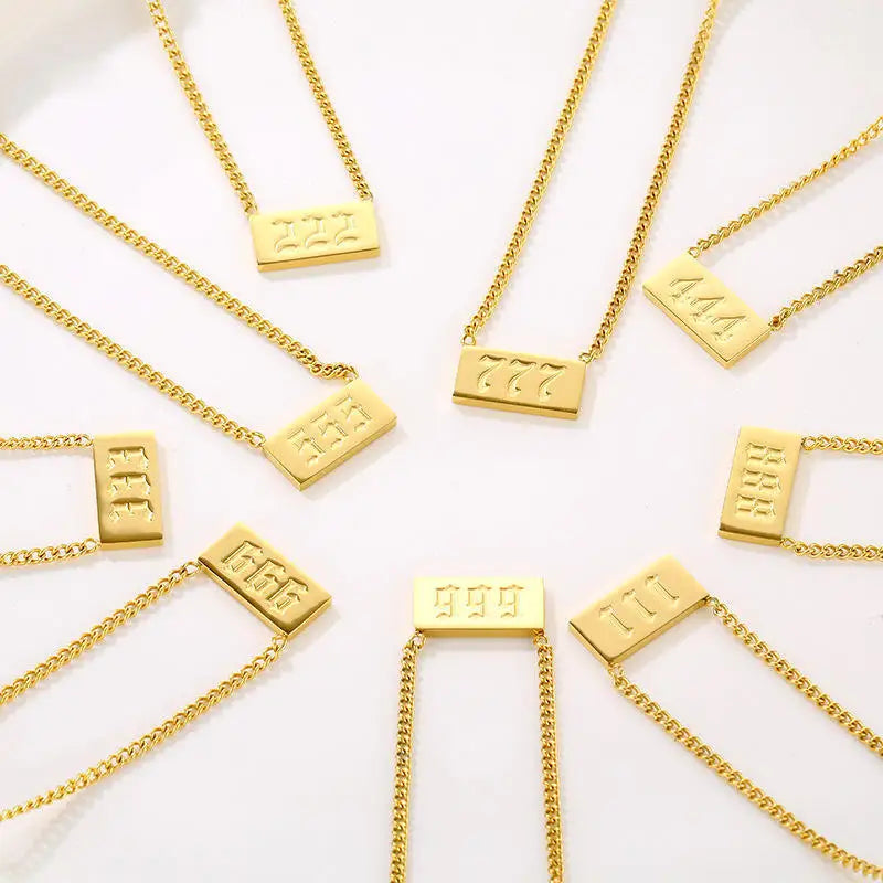 Non Tarnished Trendy Simple Jewelry 111 - 999  Gold Plated Stainless Steel Engraved Angle Number Necklaces