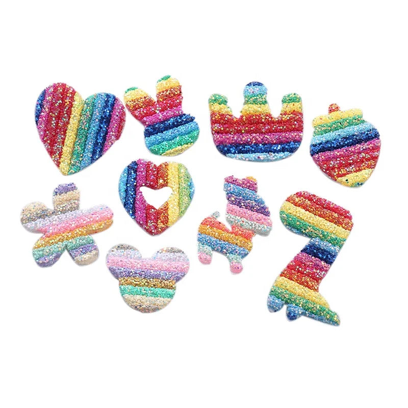 Hot Sale Fashion Rainbow Color Sew on Backing Felt Glitter Rhinestone Star Crown Heart Animal Patches Cartoon Rhinestone Patch