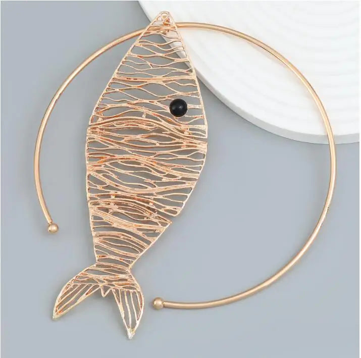 Fashion New Design Za Alloy Gold Fish Earrings Hollow Metallic Pendant Goldfish Earrings Necklace Set for Women Jewelry