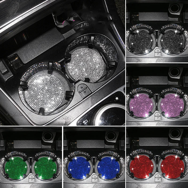 2PCS Diamond Car Coaster Water Cup Slot Non-Slip Mat Silica Gel Pad Cup Holder Mat Car Gadget Bling Car Accessories for Woman