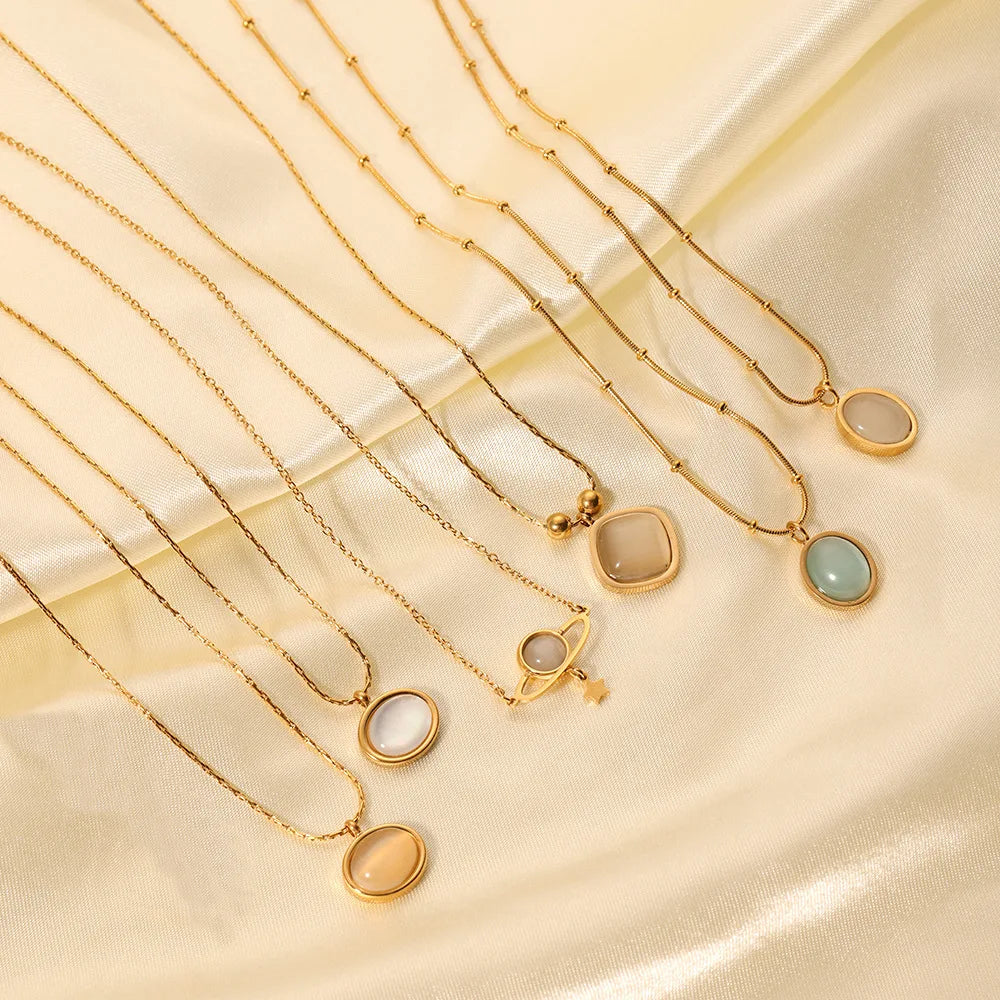 MECYLIFE  Stainless Steel 18K Gold Plated 18K Gold Plated Colorful Natural Stones Cat Eyes Opal Pendant Necklace for Women