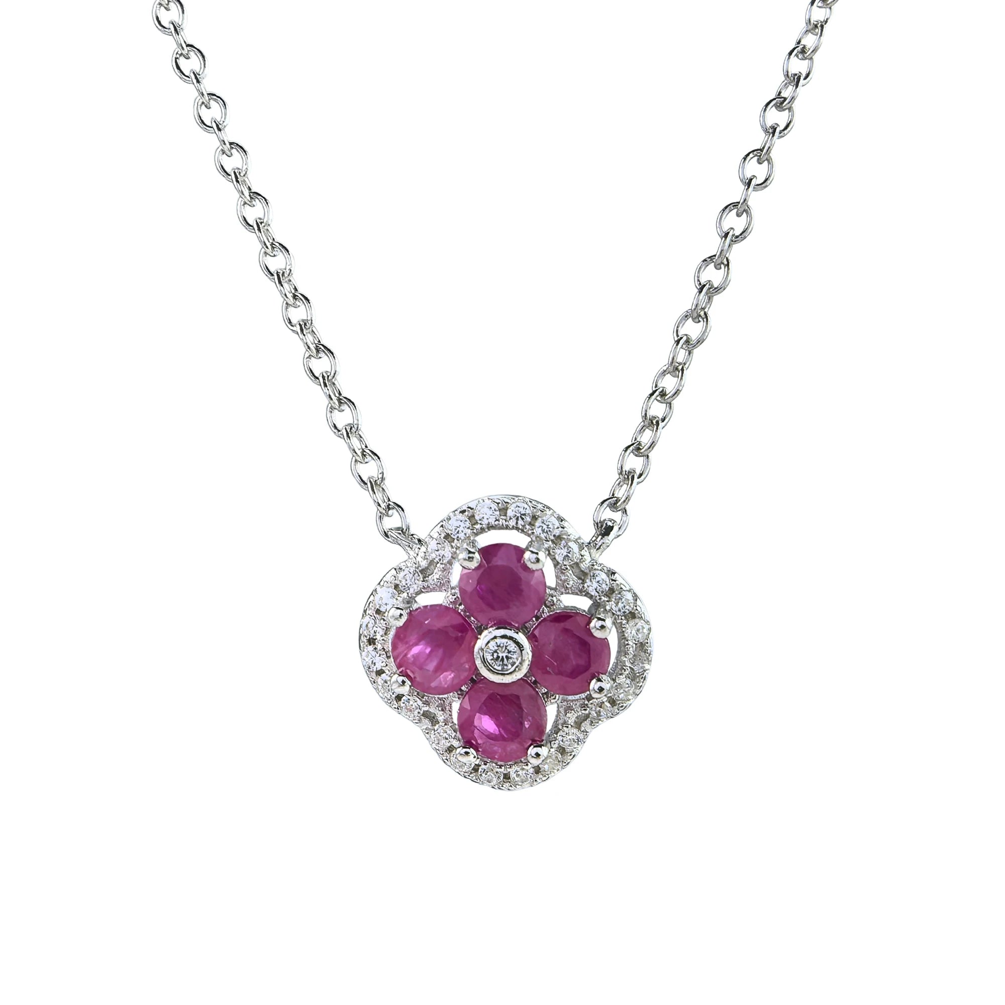 Noble Rhodium & Silver 925 Fine Jewelry Necklace for Women Natural Ruby Four Leaf Clover Trendy Style for Weddings