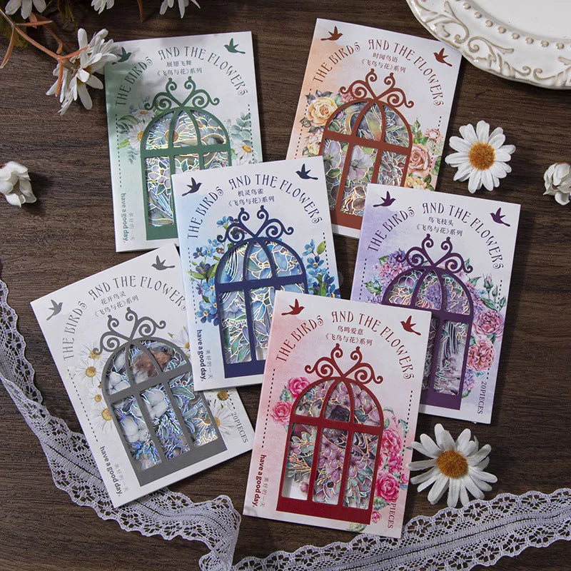 20pcs/pack Laser Silver Stickers Flying Bird and Flower Series Three-Dimensional Hand Account Stickers Material 6 Models