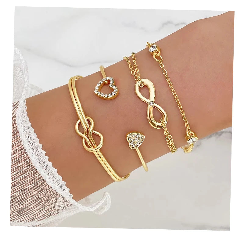 Fashion 4Pcs/Set Crystal Peach Heart Open Charm Bangle Bracelet Set Multilayer Infinity Heart Bracelet for Women Je