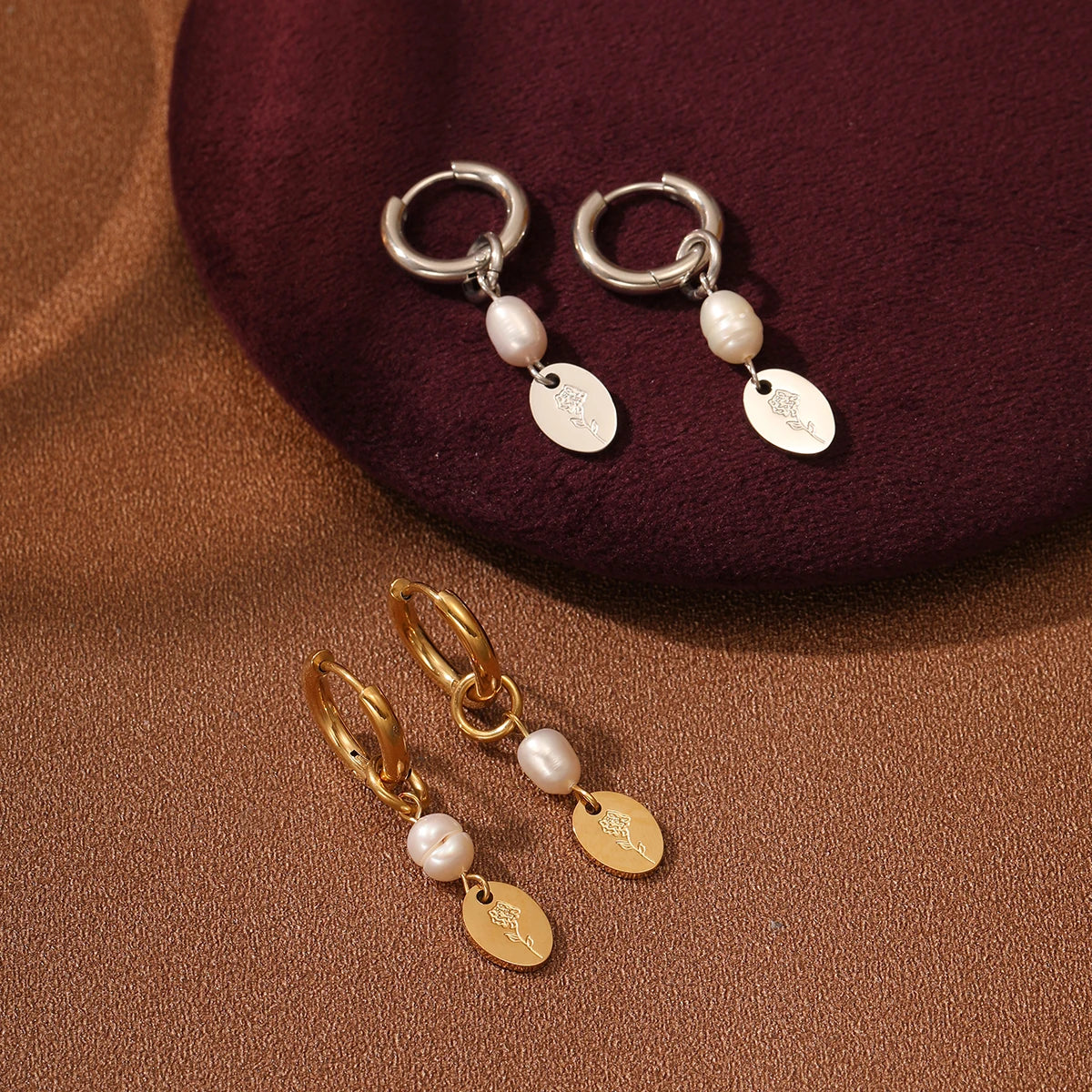 Stainless Steel 18k Pvd Waterproof Rose Flower Engraved Hoops Earrings Women Natural Seashell with Pearl Dangle Earrings