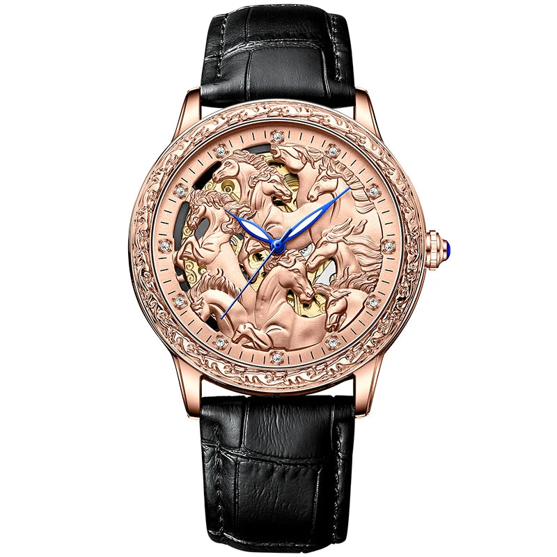 KIMSDUN K-2196A Automatic Horse Hollow-carved Mechanical Watches Fashion Corium Strap Waterproof Men's Clock Open Heart Reloj