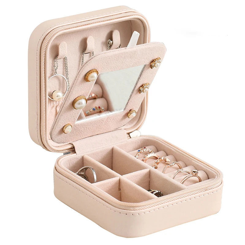 Mini Portable Fashionable Leather Jewelry Organizer Handmade Travel Storage Rings Necklace Earrings Gift Case Mirror Classic