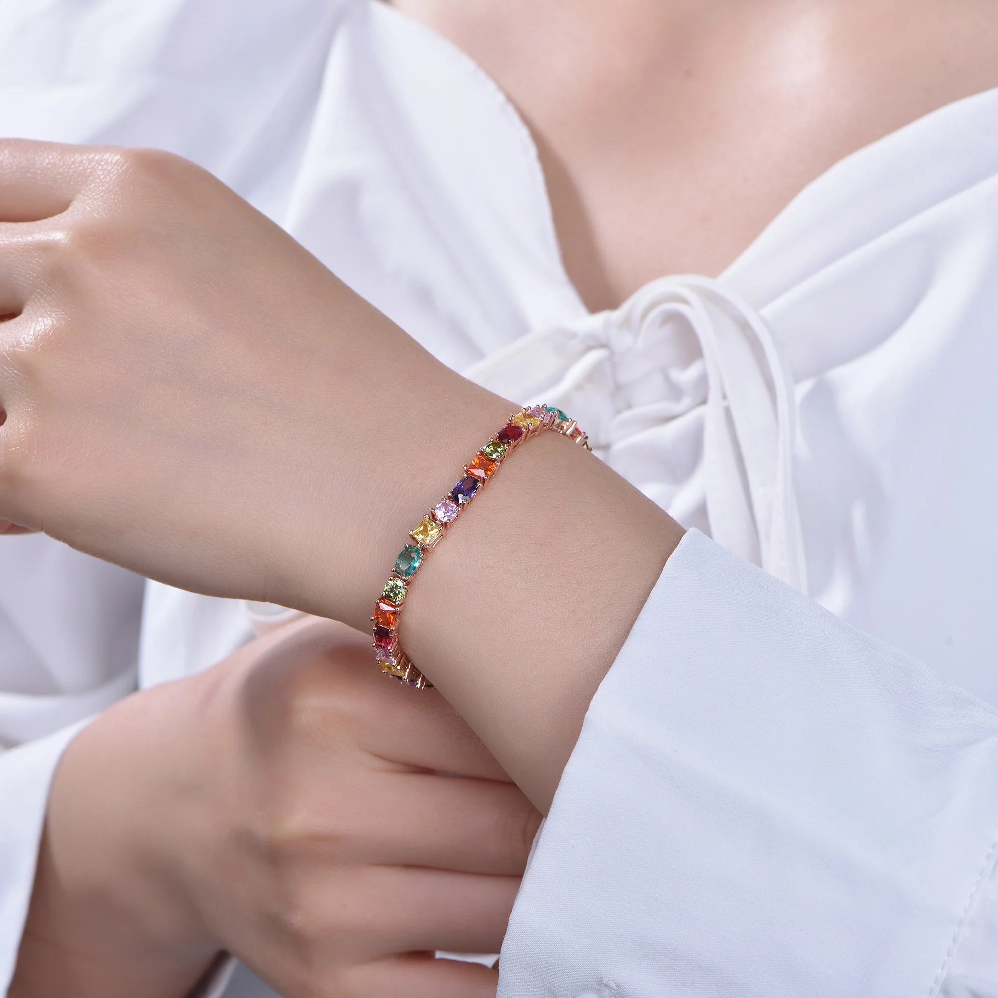 Kirin 7" Oval Rainbow Colorful CZ Tennis Bracelet for Women Rose Gold Plated Sterling Silver Tennis Bracelet