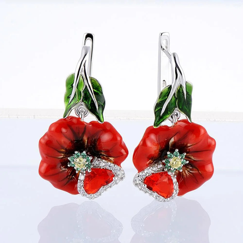 CAOSHI Beautiful Jewelry Big Red Flower Heart CZ Fancy Stud Earrings Boho Women Silver Delicate Red Flower Stud Earrings Girls