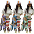 RS1293 Lace Tassel Vintage Print Streetwear Flare Pants Women Baddie Style Eco-Friendly Mid Waist Straight Breathable Loose Fit