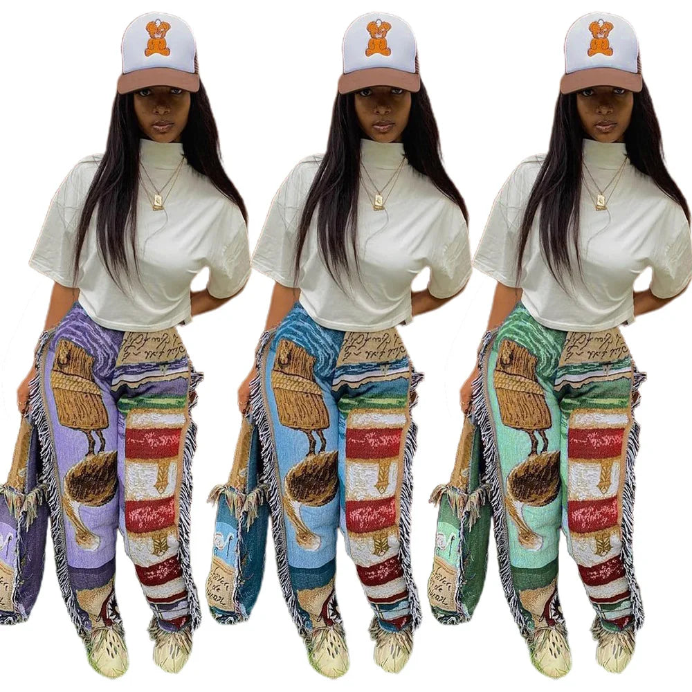 RS1293 Lace Tassel Vintage Print Streetwear Flare Pants Women Baddie Style Eco-Friendly Mid Waist Straight Breathable Loose Fit