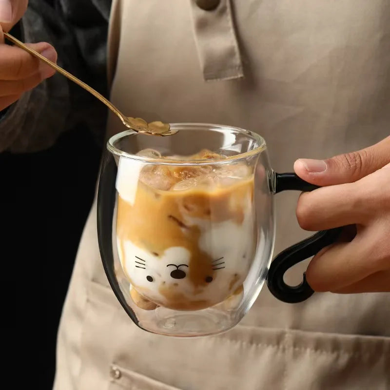 Cat Shaped Double Wall Coffee Glass Cup with Handle