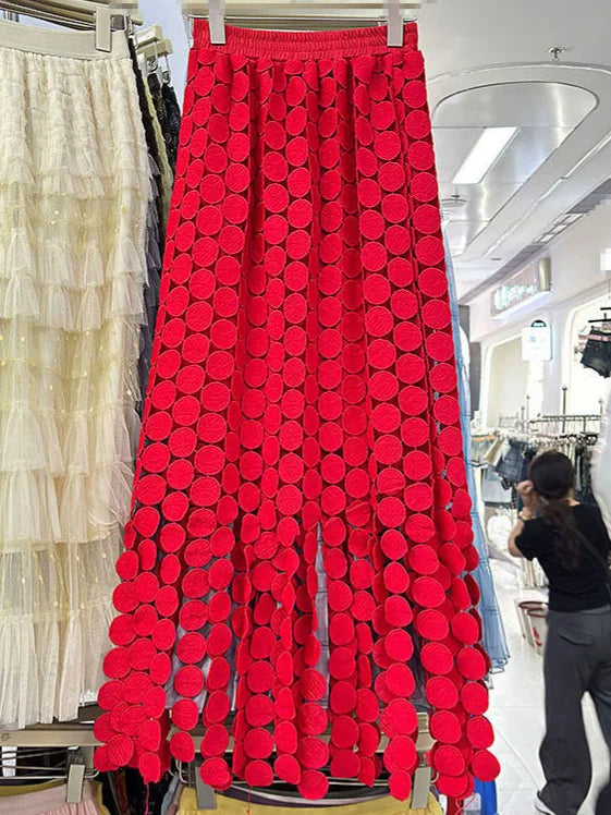 Hollow-Out Polka Dot Fringe French High Waist Slim Mid-Length A-Line Straight Tube Skirts for Women