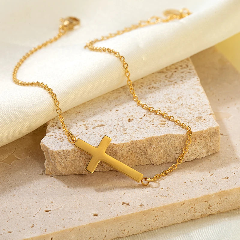 Fashionable Unisex Stainless Steel Gold Plating Simple Cross Design Religious Jewelry Anklet Bracelet