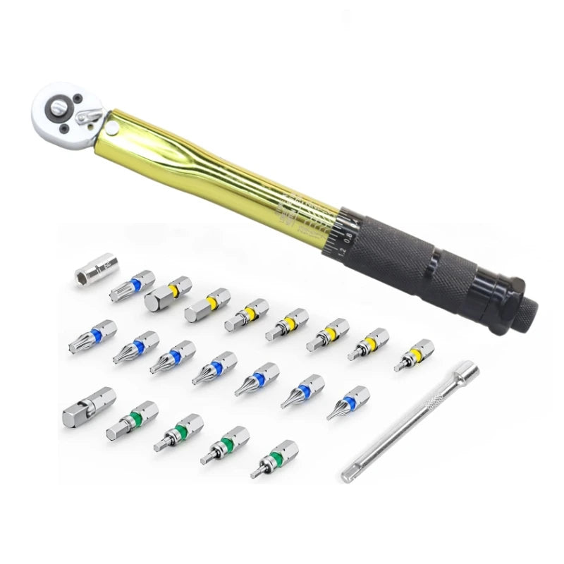 45T CRV 23pcs 1/4'' 20-200lb.ft Gold Torque Wrench Set Multi-functional Maintenance Tool Kit Birthday Holiday Gift
