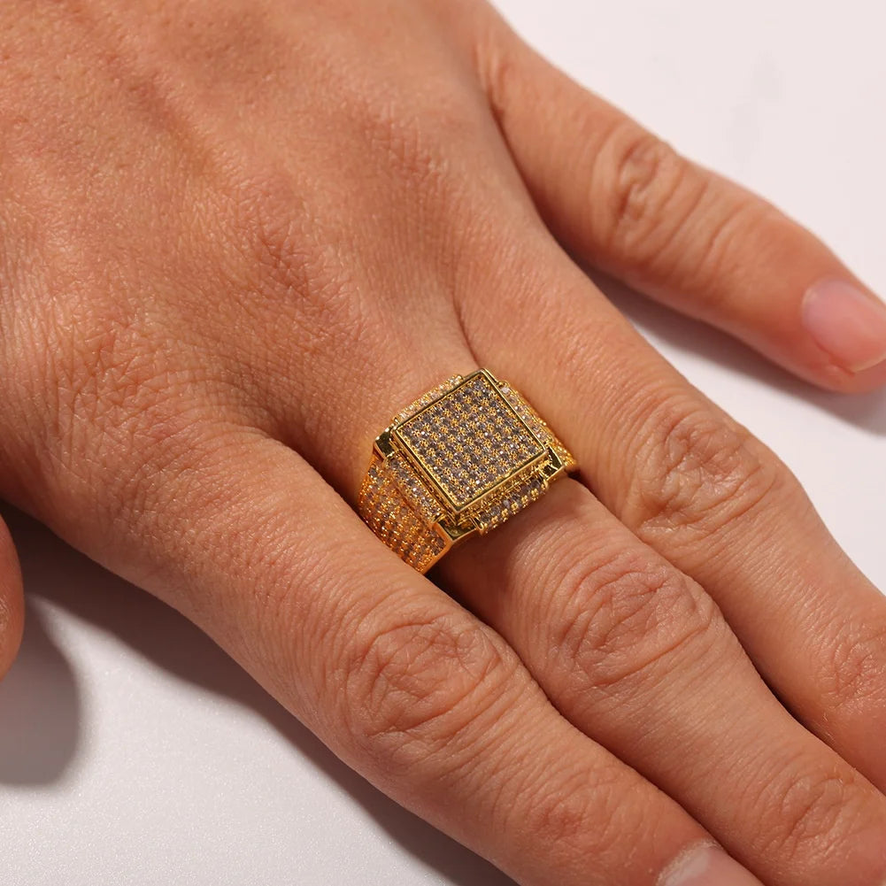 15mm Bling Brass Gold & Rhodium Plated Square Ring Iced Gold Silver Color Lab Zircon Gift Men Women Hip Hop Wedding Rings